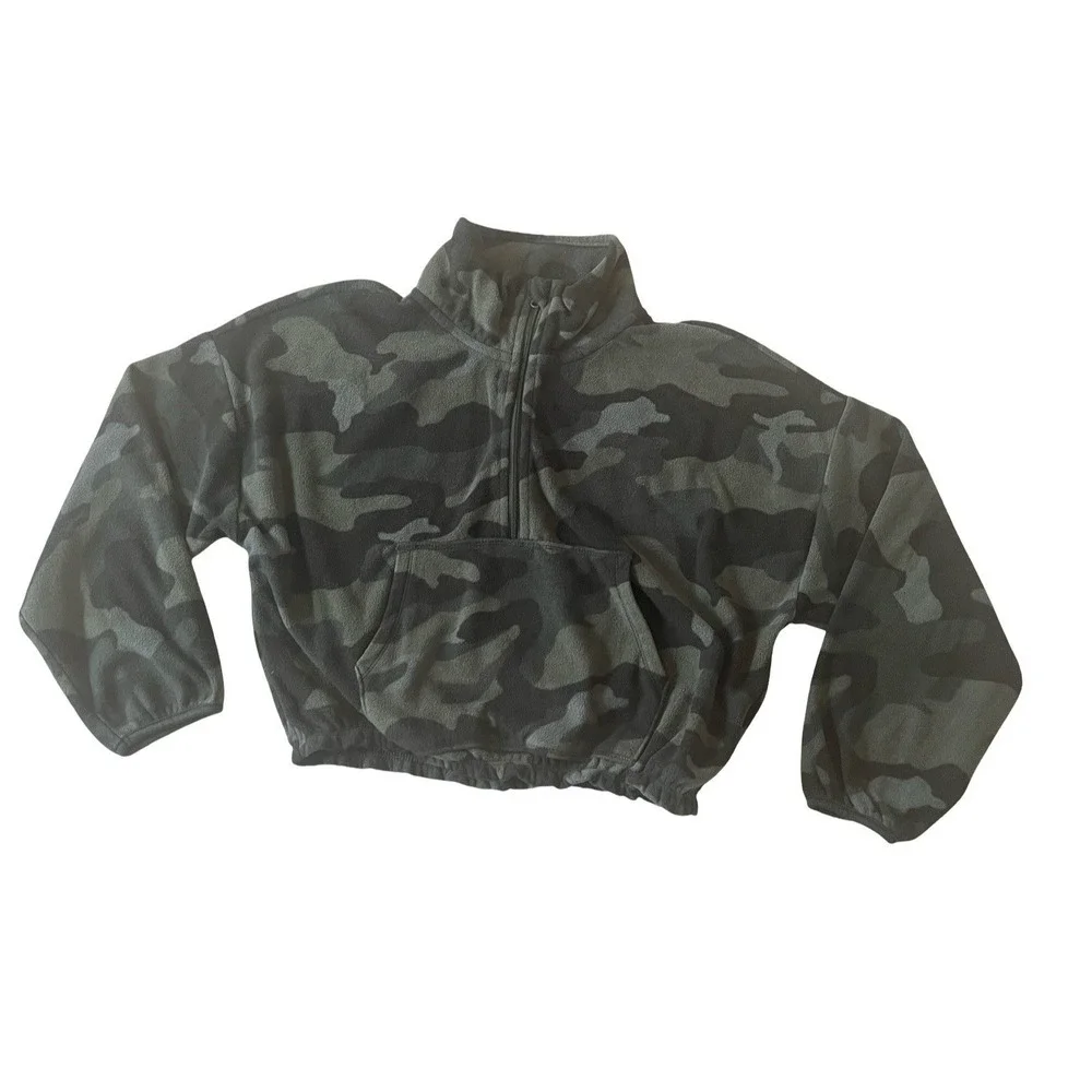 Old Navy‎ Girls Size M 8 Camo Fleece Sweatshirt Crop Green Pocket Quarter Zip
